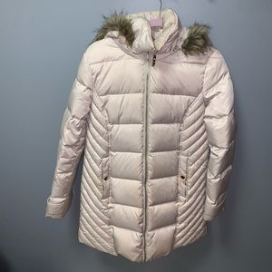Mid-Length Cream Colored Faux Fur Puffer Coat
